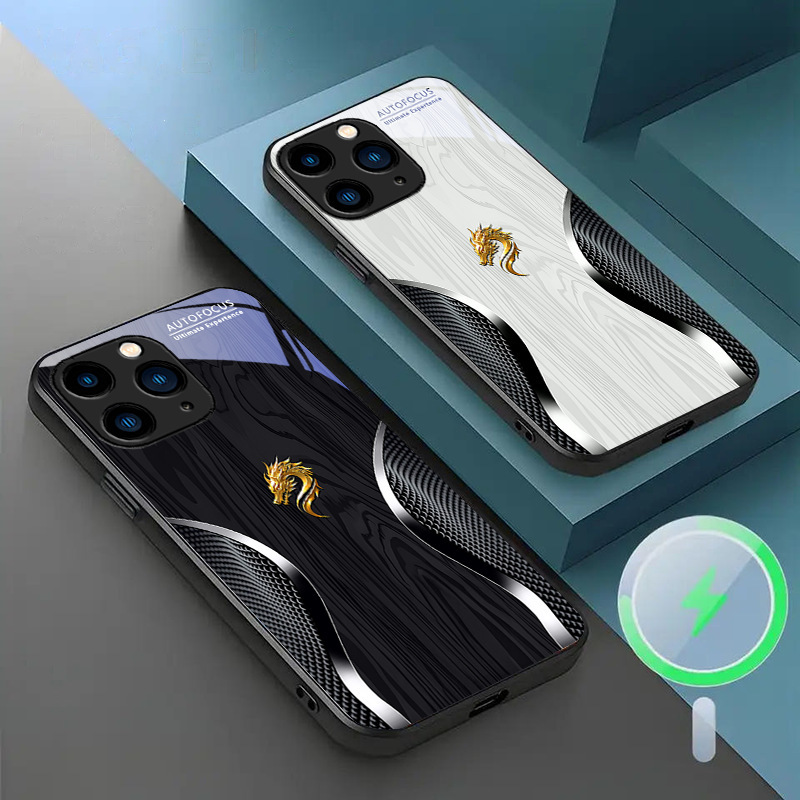 For Apple 15Plus mobile phone case 16 light luxury 14 grid dragon head 13 wood grain Promax Chinese style 12 magnetic attraction