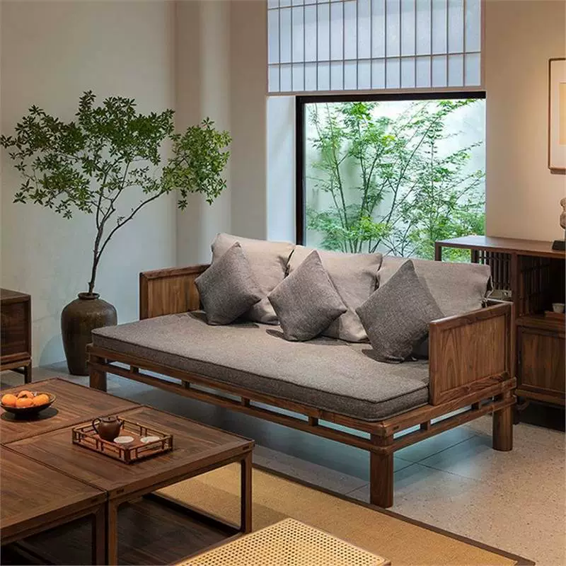 Новый китайский стиль полностью твердый деревянный диван дзен черный орех современный простой тканевый диван набор гостиной двойной