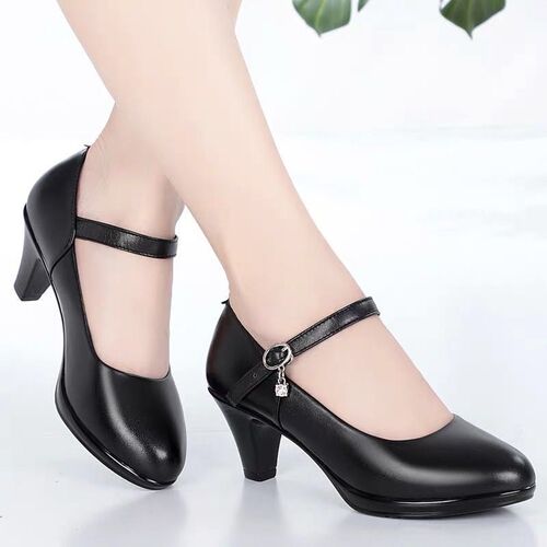 Black work shoes for women, comfortable medium-height professional shoes with soft, non-slip soles, women's leather shoes with thick heels and rounded toes, women's waterproof platform single shoes