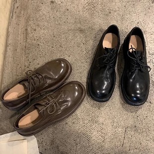 Grape Mom Same Style Washed Shrinkable Horse Leather Gandbi British Style Lefu Single-layer Shoes Women's Lace-up Leather Shoes