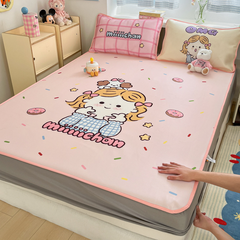 Sombrilla de cama de seda de hielo de verano, cubierta protectora de colchón para niños todo incluido, dormitorio, cubierta de cama individual, juego de tres piezas