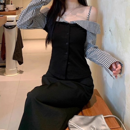 假两件露肩格子设计感长袖T恤阔腿休闲裤女2025秋季新款时尚套装|undefined