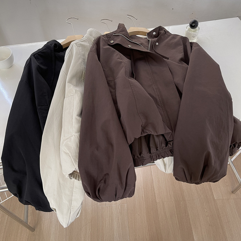 Blogger recommends Korean-style stand-up collar drawstring solid color short jacket for women, 2026 autumn loose casual jacket top