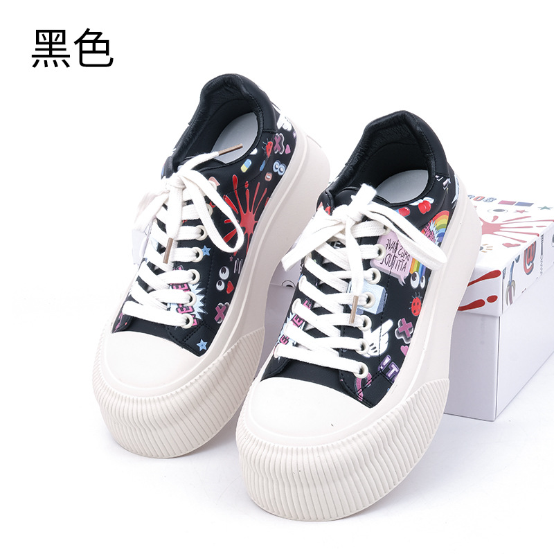 Marca de moda graffiti cordones de zapatos para chicas calles zapatos de martillo de altura de cuero para mujeres zapatos casuales blancos A162 #