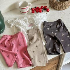 Summer New Women's Children's Korean Style Leggings for Outside Wear, Stylish Butterfly Knot Print Five-Finger Pants, Slimming Trend 0069A022