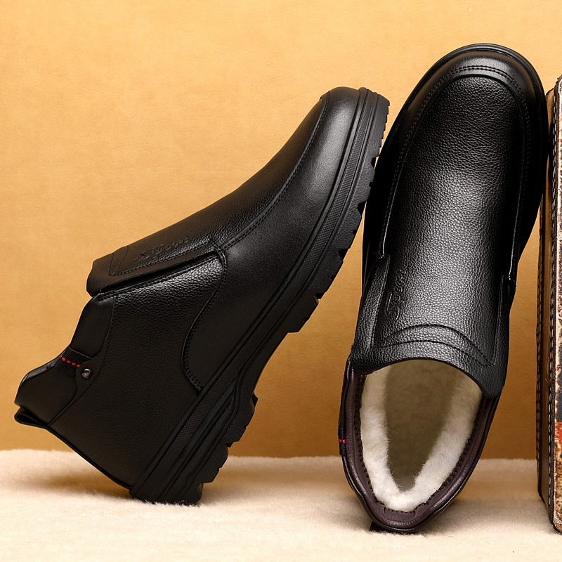 New Genuine Leather Cotton Shoes for Men, Winter Fleece Lined Warm Wool, Mid-Age and Elderly High-Top Non-Slip Thick Cotton Leather Shoes for Dad