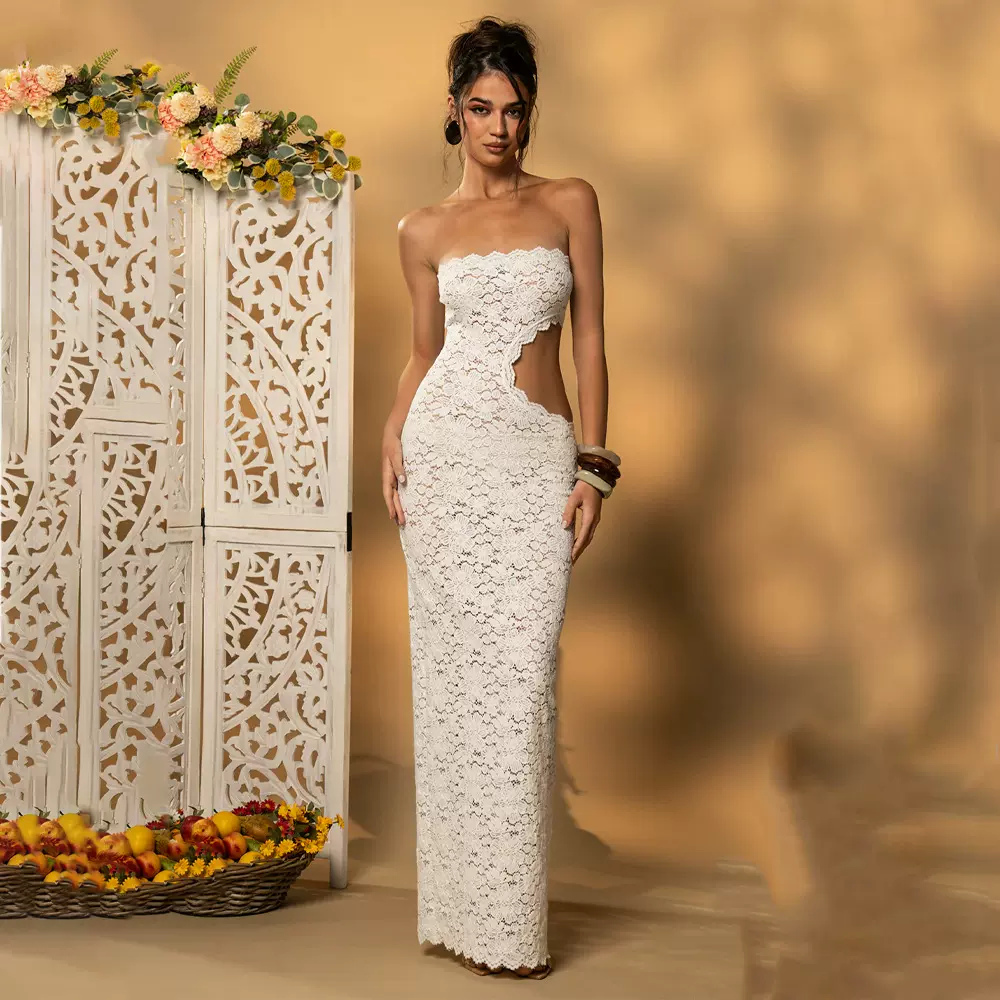 欧美跨境2025夏季新款蕾丝女装时尚优雅一字领抹胸性感包臀连衣裙