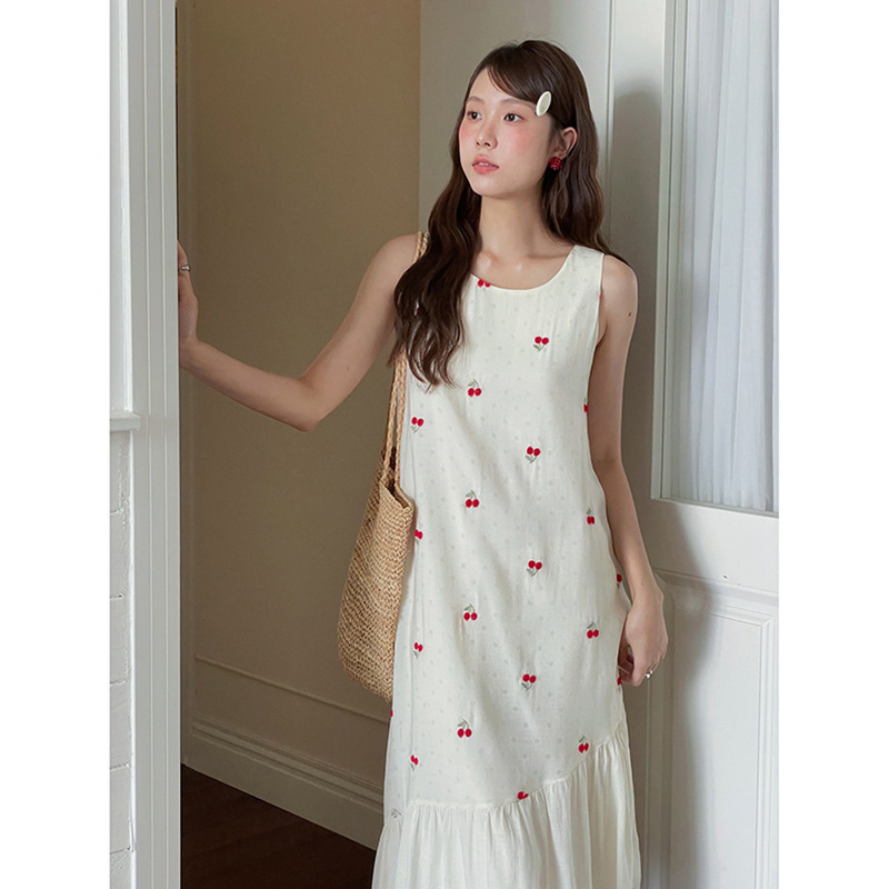 [Ge Ming] チェリー刺繍サスペンダードレスレディース夏新作メッシュスプライシング裾ミドル丈スカート N220C|undefined