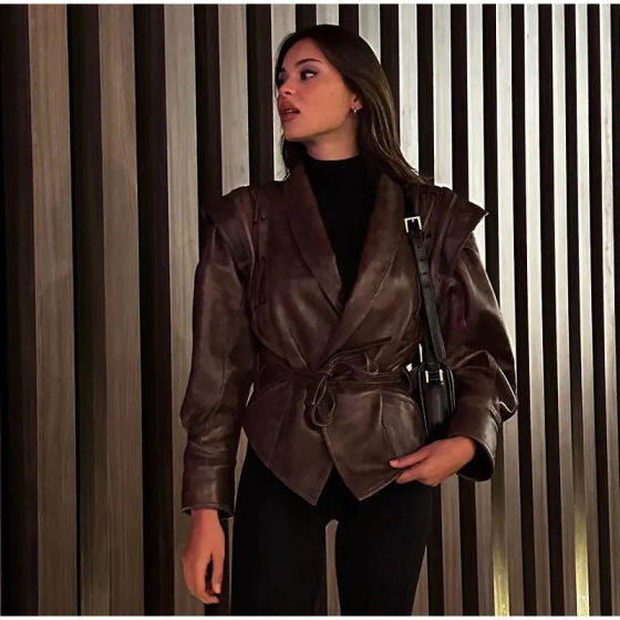 European and American cross-border 2024 spring women's jacket elegant V-neck slim fit stitching solid color faux leather jacket coat