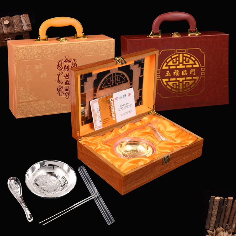 Factory wholesale leather box silver bowl three-piece set silver-plated Wufu Linmen wooden box silver bowl three-piece set silver bowl six-piece set