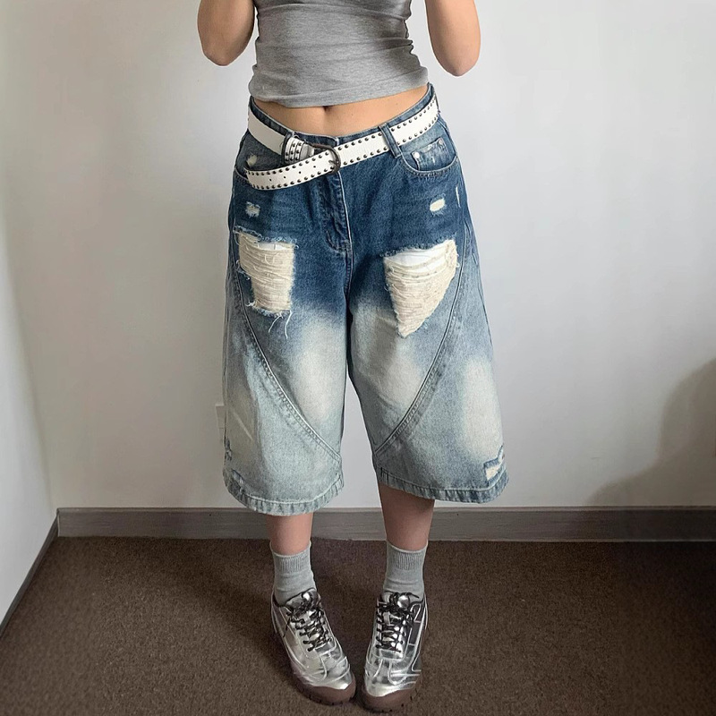 Plus Size Gradient Washed Distressed Denim Shorts for Women, Summer High Street Design, Wide-Leg Cropped Pants, Trendy and Versatile