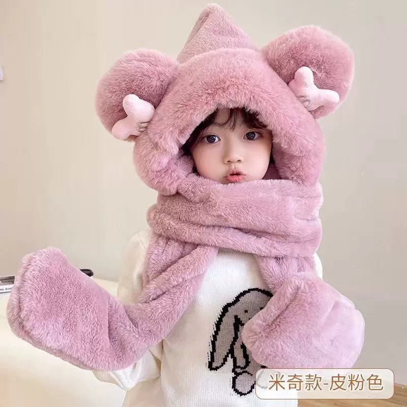 亲子儿童成人可爱小熊耳朵帽子围巾手套一体三件套保暖加厚毛绒帽