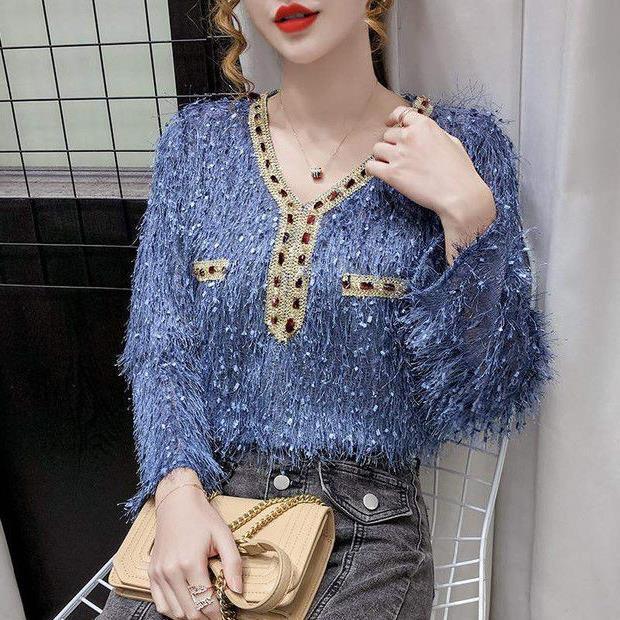Shirt for women 2023 Spring and Autumn New ins little fairy lace stitching shirt slimming versatile V-neck tassel top for women