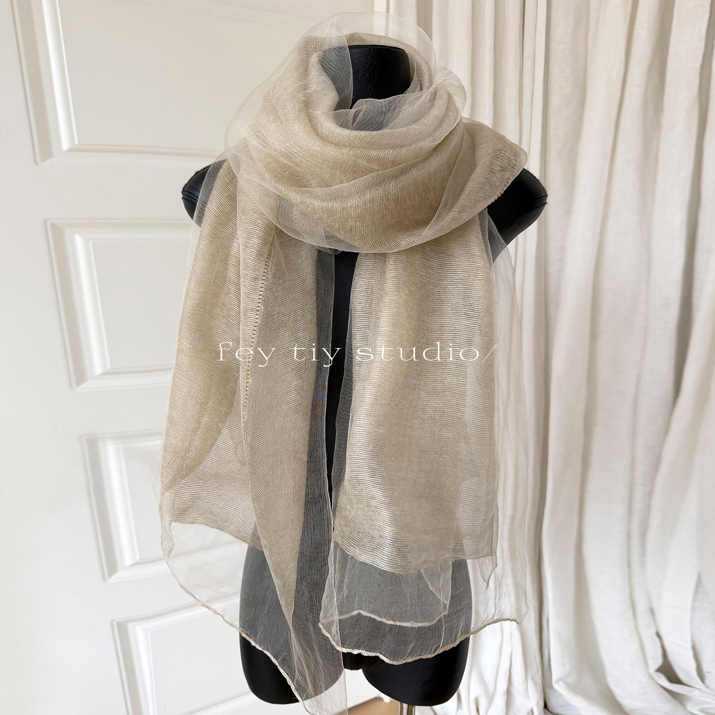 Lightweight and thin double-layer silk blend beige scarf shawl for women, fashionable spring and autumn outerwear shawl made of mulberry silk gauze