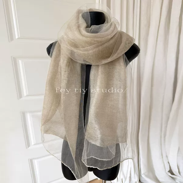 Lightweight and thin double-layer silk blend beige scarf shawl for women, fashionable spring and autumn outerwear shawl made of mulberry silk gauze