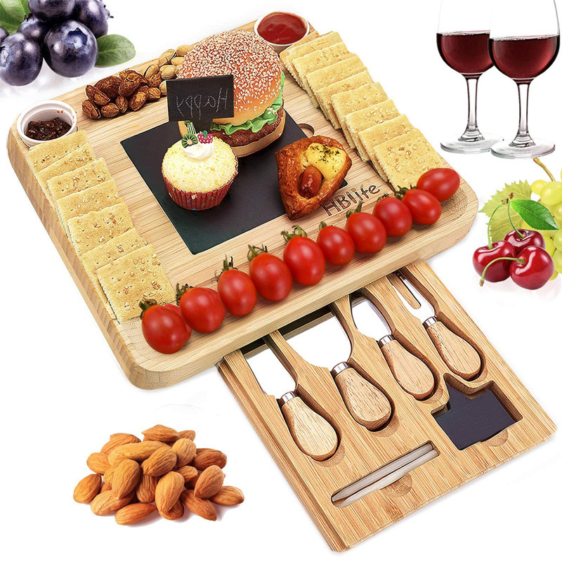 Natural bamboo cheese board and tableware with slide-out drawer and knife cooked food plate and tray Western food export Zhi