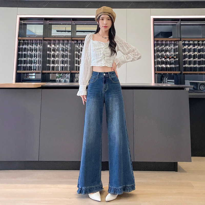 2025秋季新款复古蓝阔腿牛仔裤女长裤宽松显瘦喇叭裤子女款A7131|undefined
