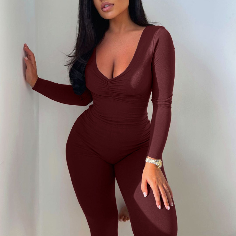 Solid Color Long-Sleeved V-Neck Skinny Jumpsuit NSYOM111179