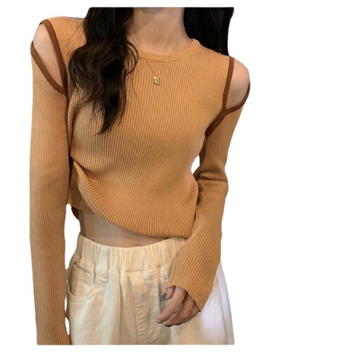 Designer Style Niche Cleavage Revealing Spring and Autumn  New Arrival Base Layer Crewneck Long Sleeve Knit Top Women's Innerwear Top