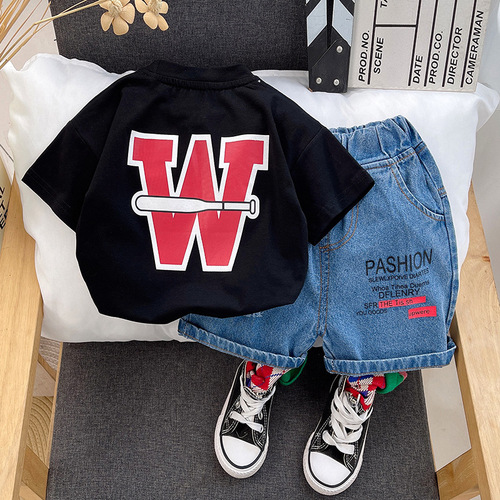 Boys summer suit  new style children's clothes baby boy letter short-sleeved two-piece set trendy summer clothes