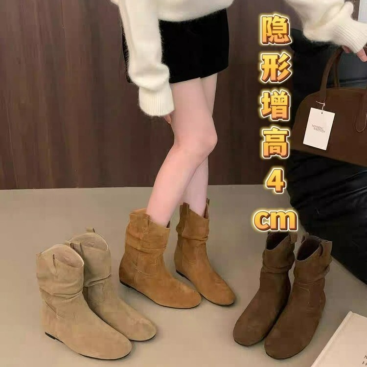 Inner Height-Increasing Melard Pleated Slouch Boots for Women 2025 New Suede Slim Boots Short Boots for Women Autumn and Winter Retro Inner Height-Increasing Melard Pleated Slouch Boots for Women 2025 New Suede Slim Boots Short Boots for Women Autumn and Winter Retro
