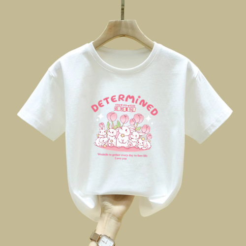 2317 100% Cotton Children's Short-Sleeve T-Shirt for Girls Summer Outfit Loose for Middle and Large Children Stylish and Versatile Top for Little Girls