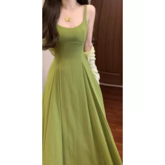 Gentle Spring Gentle Wind Aocado Green Sling dress & Knitted Cardigan Western Style Dating Elegant Skirt