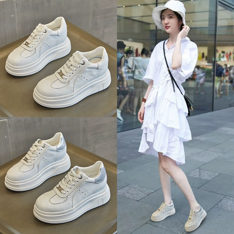 Модные женские кроссовки на толстой подошве с эффектом увеличения роста, повседневные, весна 2025, новые платформенные белые туфли на шнуровке для женщин