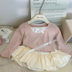 韓版童裝2024新款夏季女童假兩件長袖T恤兒童洋氣米色裙褲兩件套