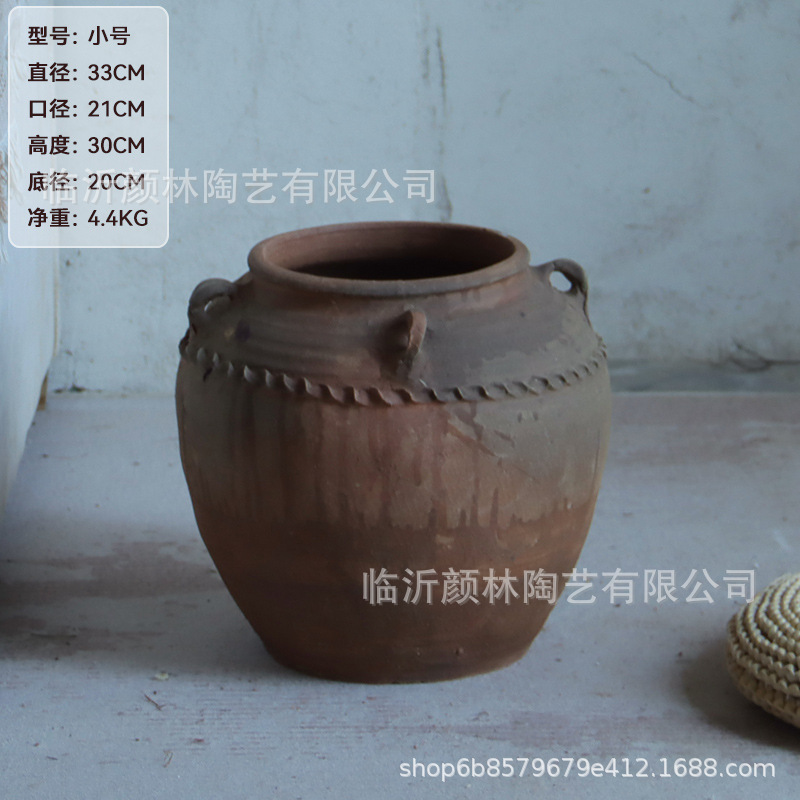 Pot de cerámica de tierra con gran estómago con orejas pot antiguo Lotus pot de suelo maceta de flores de cerámica gruesa adornos de decoración de habitaciones modelo de vivienda