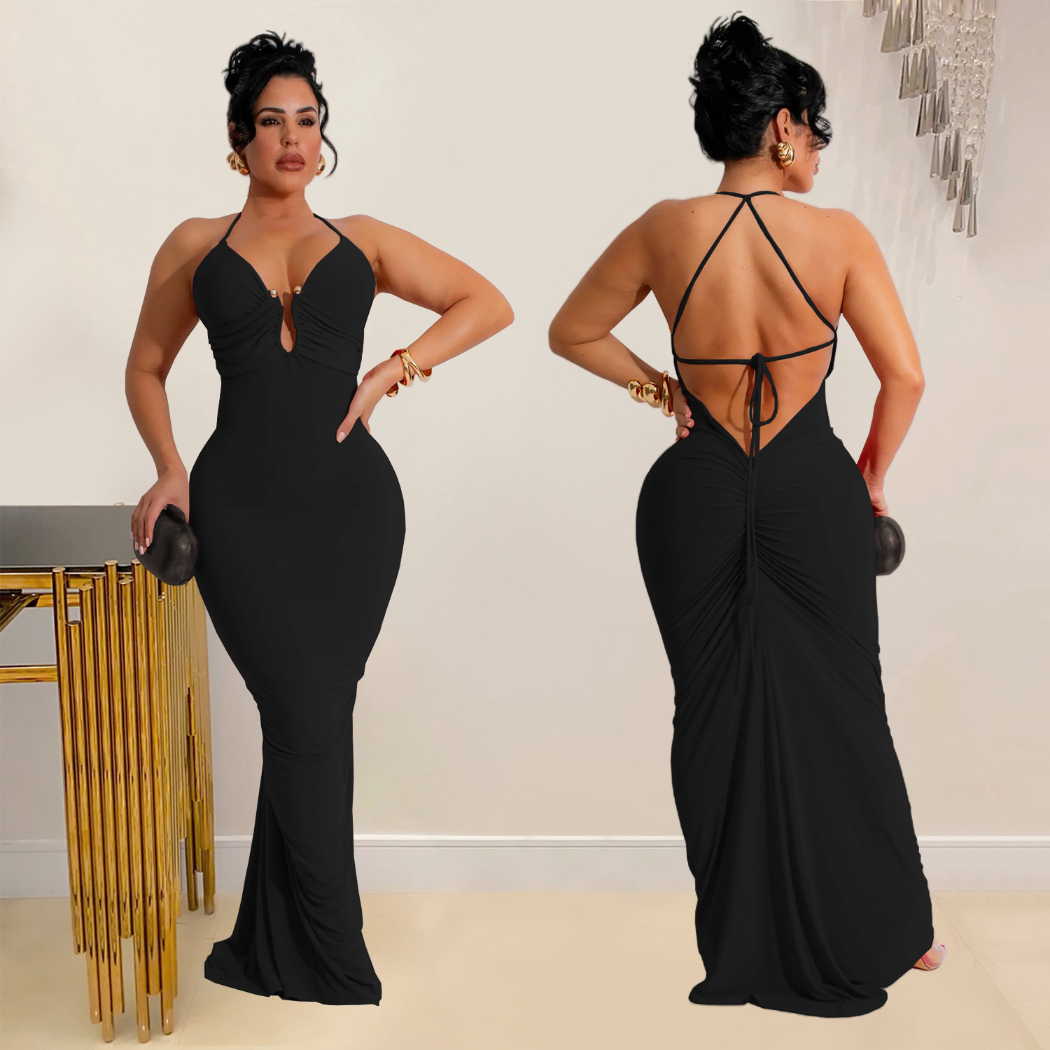 C7116 cross-border AliExpress Amazon Europa y América moda de mujer esbelta sexy V-collar vestido de espalda image 4