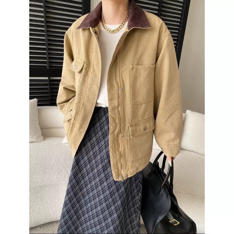 司南 复古巴恩风 设计感灯芯绒翻领宽松夹棉保暖工装外套 SN8472