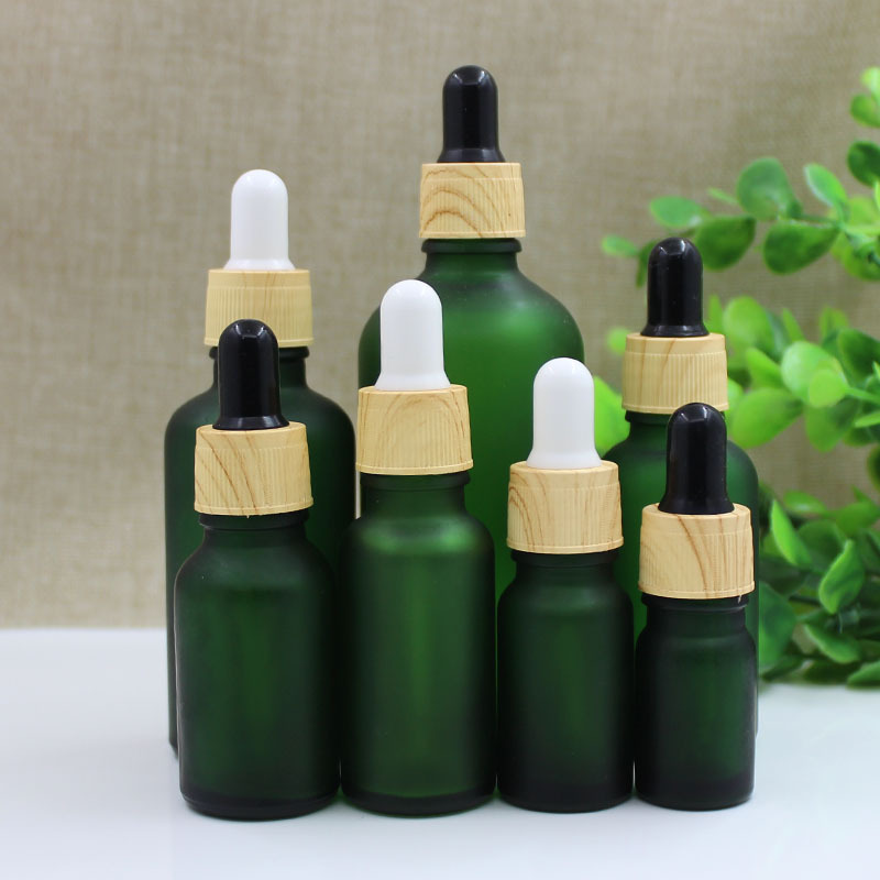 绿磨砂玻璃精油瓶空瓶木纹圈胶头滴管瓶护肤品分装瓶子5ml-100ml