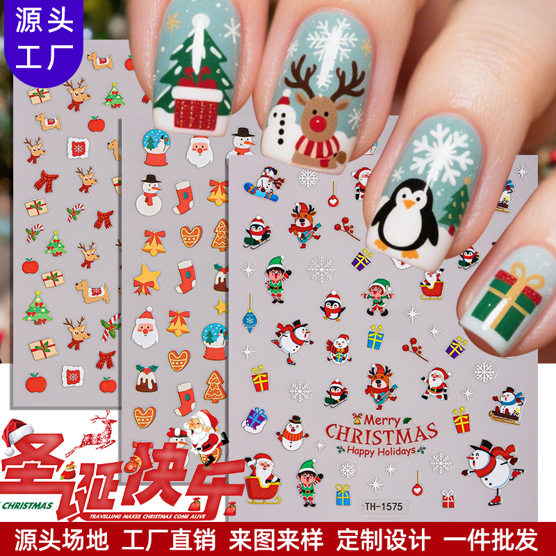 Zhengxiang Factory Customized Odm Christmas Nail Art Stickers Adhesive Cartoon Elk Snowflake Color Nail Decals Oem