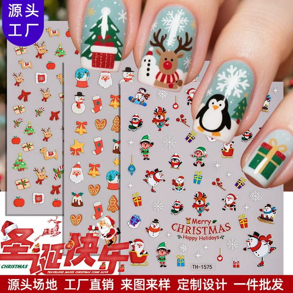 Zhengxiang Factory Customized Odm Christmas Nail Art Stickers Adhesive Cartoon Elk Snowflake Color Nail Decals Oem