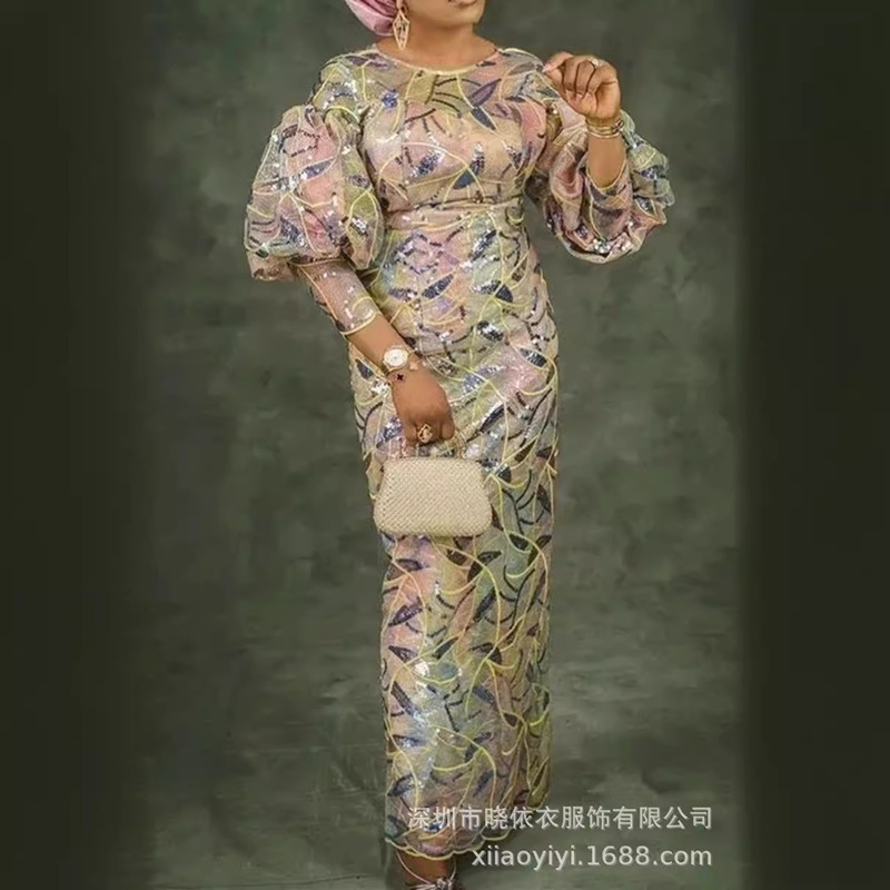 Amazon Cross-Border Trade European and American Round Neck Sequin Embroidery High-Waisted Puff Sleeve Plus Size Women's Dress Long Dress Gown Amazon Cross-Border Trade European and American Round Neck Sequin Embroidery High-Waisted Puff Sleeve Plus Size Women's Dress Long Dress Gown