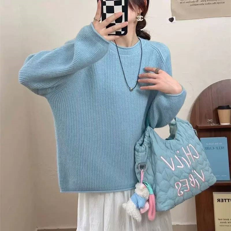 韩系温柔软糯卷边圆领套头毛衣女秋冬新款宽松慵懒风针织衫上衣女