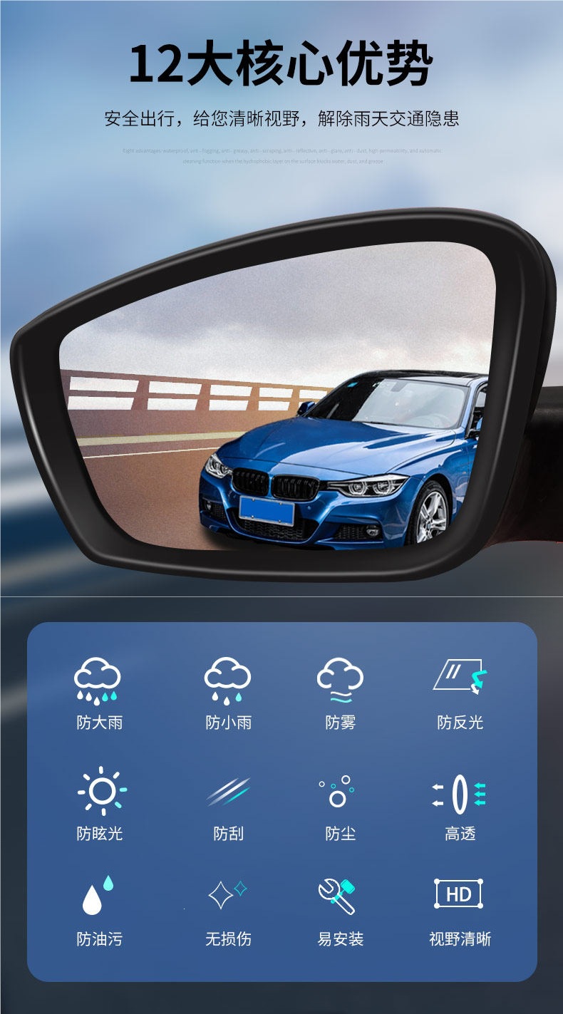 Rearview mirror rainproof film, anti-fog film for reversing mirrors, waterproof and rainproof glass for rainy days