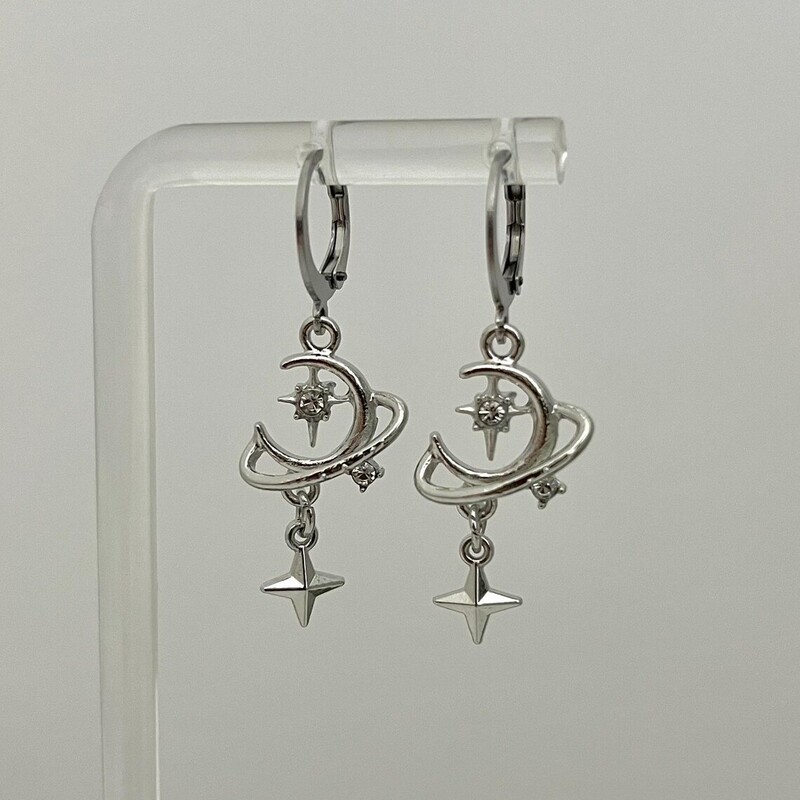 Cross-Border Y2K Pendulum Silver Moon Star Earrings Silver Astronomical Earrings Silver Moon Star Necklace Cross-Border Y2K Pendulum Silver Moon Star Earrings Silver Astronomical Earrings Silver Moon Star Necklace