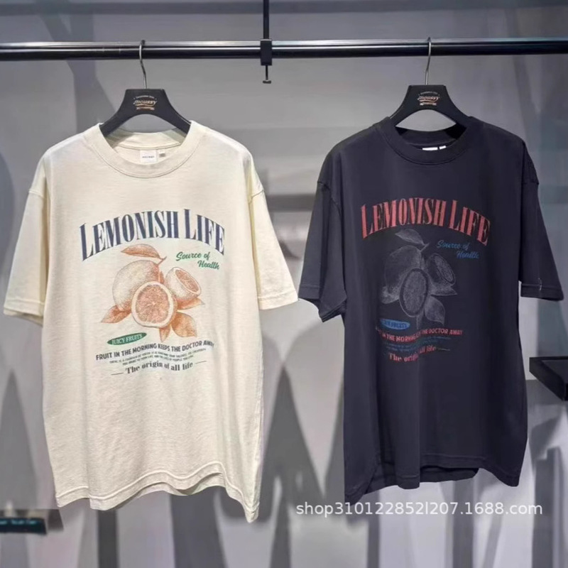 2025 Xia Xin m Home Neutral Style Lemon Letter Printed Pure Cotton Mid-Length Short-Sleeved T-Shirt 028Isz90-1401