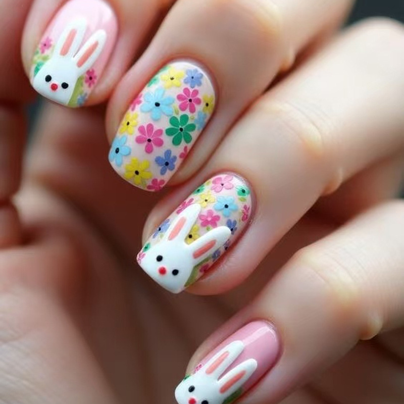 Easter Short Square Colorful Flower Graffiti Cute Rabbit Spring and Summer Nail Art Wearable Nails Fake Nail Tips Easter Short Square Colorful Flower Graffiti Cute Rabbit Spring and Summer Nail Art Wearable Nails Fake Nail Tips