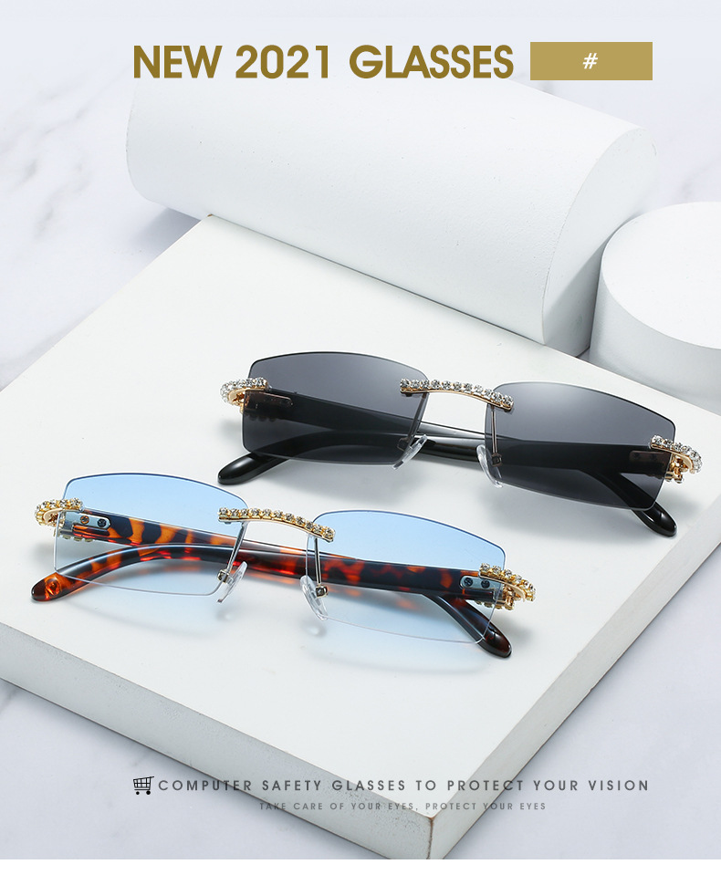 69g Weight Frameless Glasses Structure Sunglasses Classification PC, UV400 Protection Lens Material Square Glasses Style Fashion Solid Color PC UV400 Protection Square Diamond Frameless Women's Sunglasses