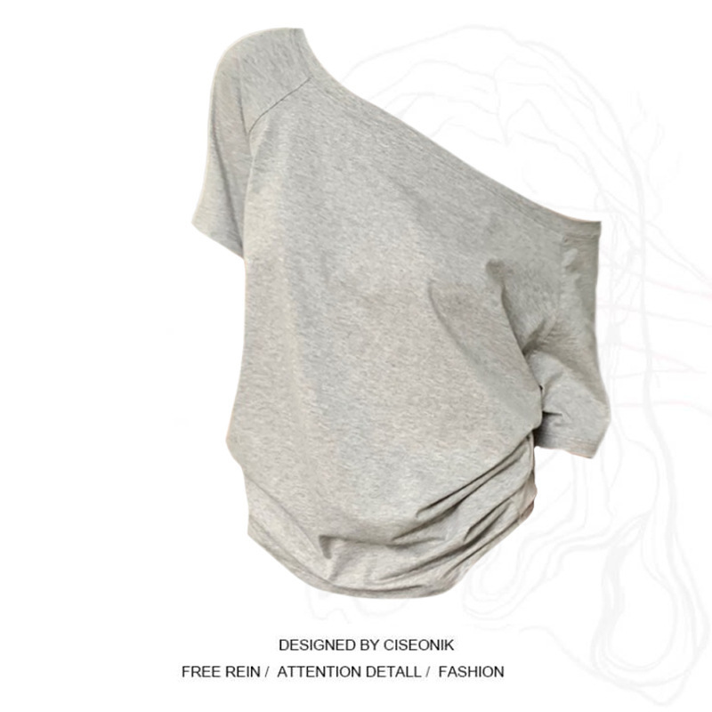 Niche Design Sense Shoulder Grey Short-sleeved T-shirt Women's Summer Chic Loose Casual Simple Slant Shoulder Black Top