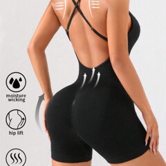 歐美新款春夏裸感瑜伽吊帶連體服女高強度舞蹈健身運動連體緊身衣