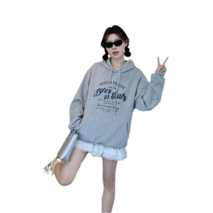 국경 간 영어 편지 인쇄 후드 스웨터 여성의 가을과 겨울 새로운 느슨한 기모 소녀의 회색 후드 탑