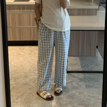春秋季蓝色格子孕妇九分直筒裤夏季孕妇薄款裤子无托腹高腰孕妇裤