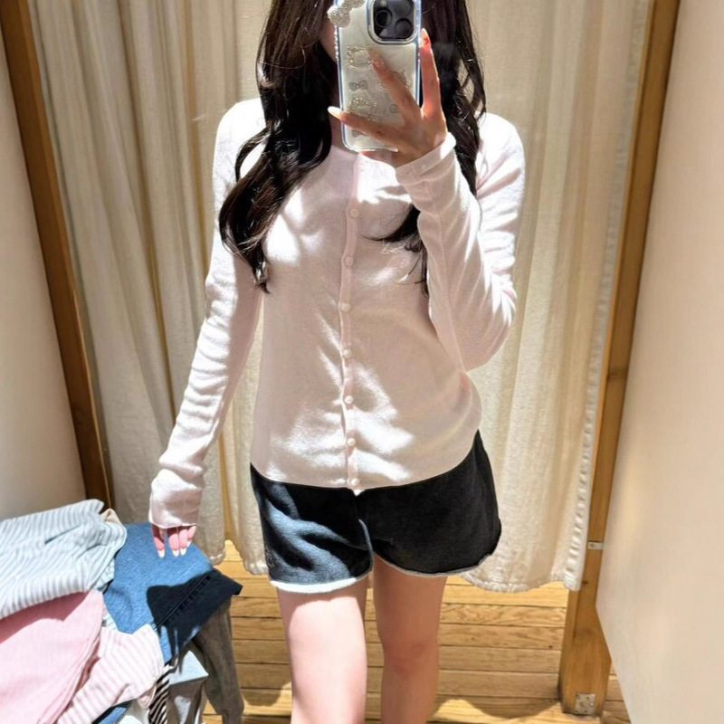 Bm Style New American Milkshake Pink Flat Collar Cardigan Knitwear Bm Sweet Knitted Knitwear Jacket Cardigan Top for Women