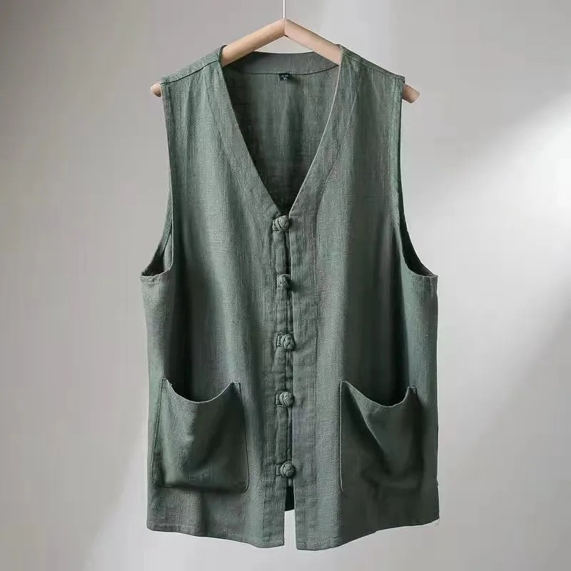 Ärmelloses Herren-Sommer-Weste im chinesischen Stil mit Faltknöpfen, modische Hanfu-Kleidung in Übergröße_voghion.com