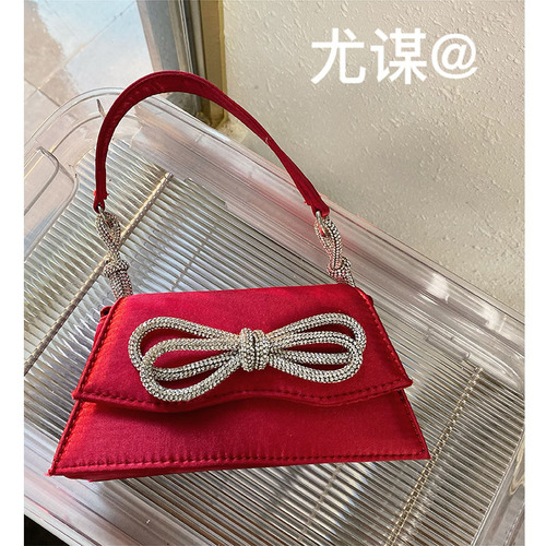 French dinner silk satin bag with bow handmade diamond Kelly diamond small square bag rhinestone hand-held crossbody bag