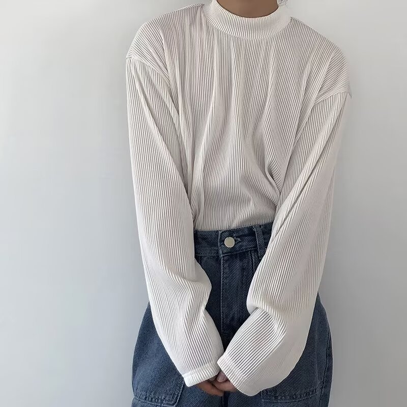 봄과 가을 빈티지 세미 하이 칼라 티셔츠 남성용 트렌디 세련된 긴 소매 실크 소프트 스트라이프베이스 셔츠 탑